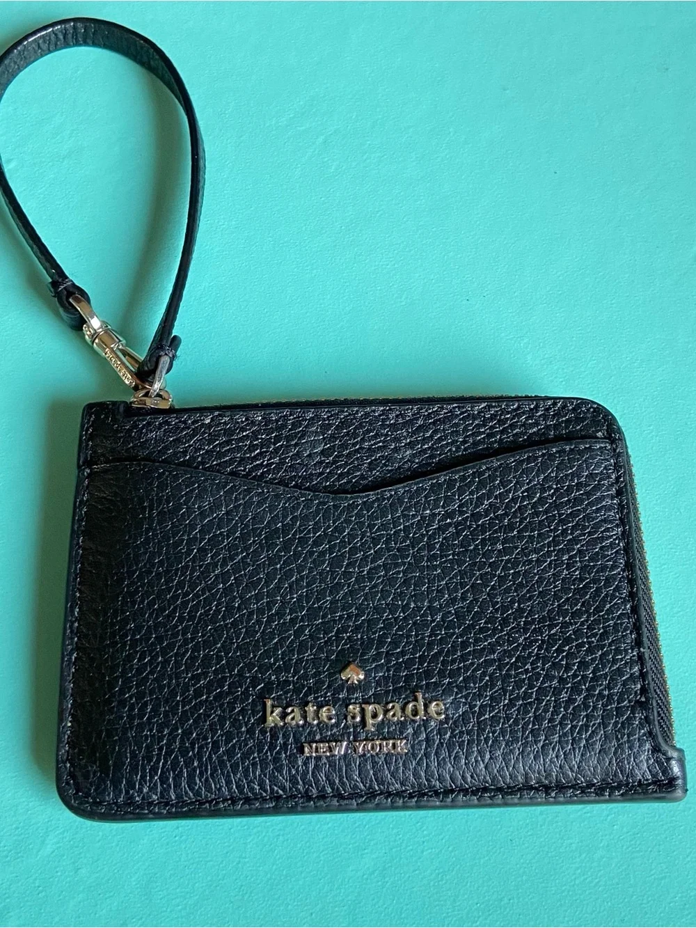 kate spade Black Pebbled Leather Zip Wristlet with Gold Logo